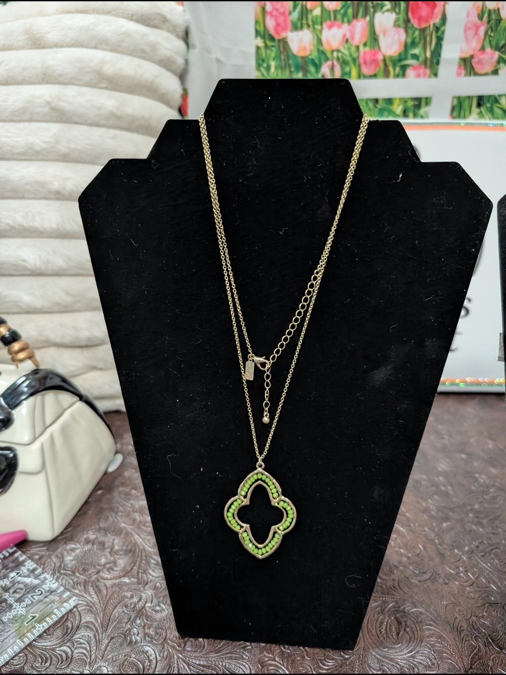 Gold-Tone Necklace with Green Clover Pendant
